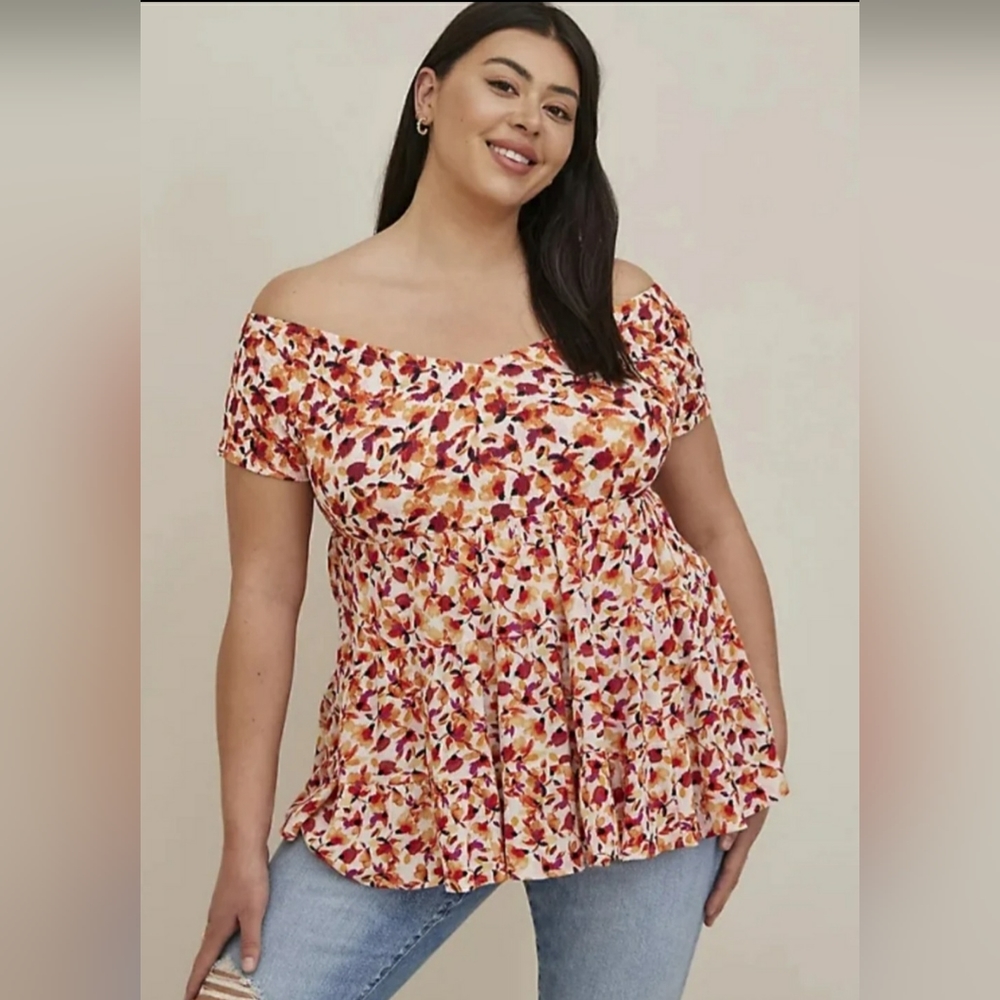 CRINKLE GAUZE OFF THE SHOULDER SMOCKED BODICE TOP